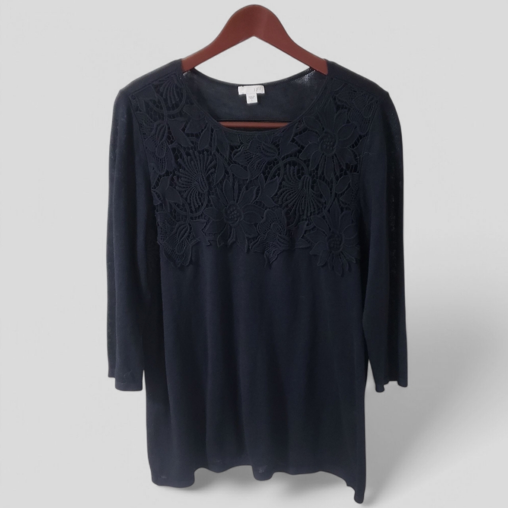 J. Jill Linen Blend Floral Crochet Front Top Midnight Blue Large Whimsigoth